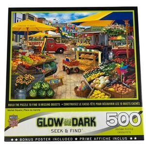MasterPieces Glow in the Dark Seek & Find "Market Square" 500 Pc Puzzle Complete